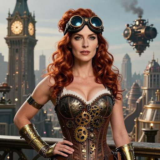 Steampunk red-haired woman with goggles, brass corset, and gears, standing on a futuristic cityscape with clock tower and airship. Phot