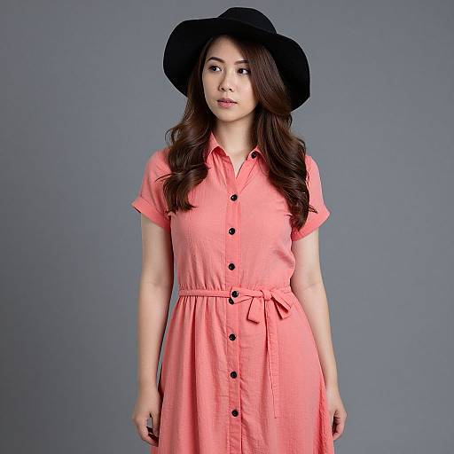 Photograph of an Asian woman with long brown hair, wearing a black hat and pink button-up dress, standing against a plain gray background.