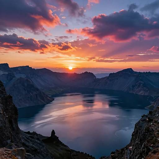 Photograph of a vibrant sunset over a calm mountain lake, with colorful clouds reflecting on the water, surrounded by dark, rocky peaks.
