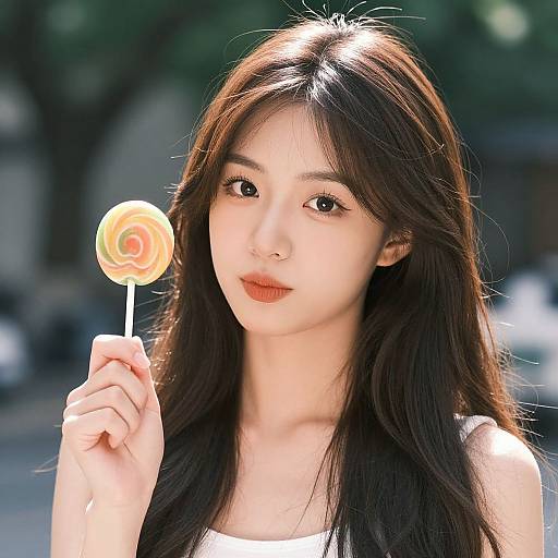 Photograph of an East Asian woman with long, straight black hair, holding a yellow and orange swirl lollipop, wearing a white sleeveless top,