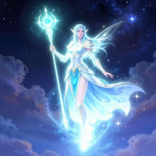 Digital artwork of a glowing, ethereal female elf with long white hair, holding a radiant staff, floating in a starry night sky with clouds.
