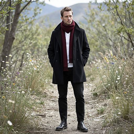 Photograph of a serious Caucasian man with short brown hair, wearing a black coat, white shirt, dark pants, black boots, and a maroon