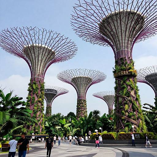 Photograph of Gardens by the Bay in Singapore featuring three towering Supertree Grove structures with green vines, surrounded by people and lush tropical plants under a