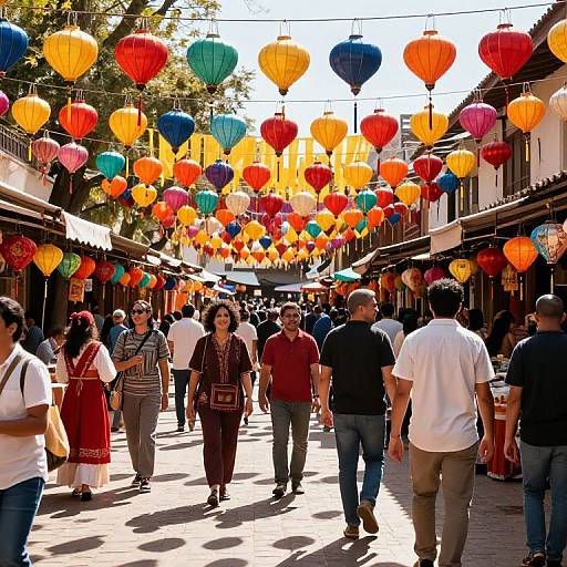 Photograph of a bustling outdoor market with colorful paper lanterns hanging overhead, people walking, and shops lining the street.