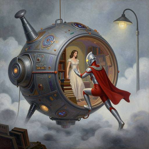 Digital fantasy painting: Knight in armor rescues fair maiden from steampunk airship amidst clouds, vintage lamp post in background.