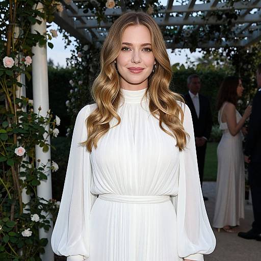 Photograph of a young woman with long, wavy blonde hair, wearing a white, high-neck, long-sleeve dress, standing under a