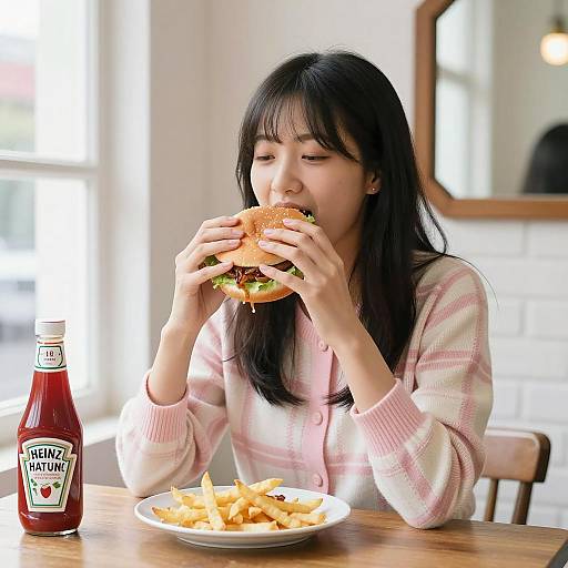 Asian Woman Enjoying a Burger Meal