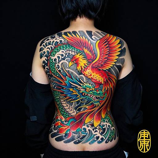 Colorful back tattoo of a vibrant phoenix with green, blue, red, and yellow feathers, surrounded by waves, on an Asian person. Black background