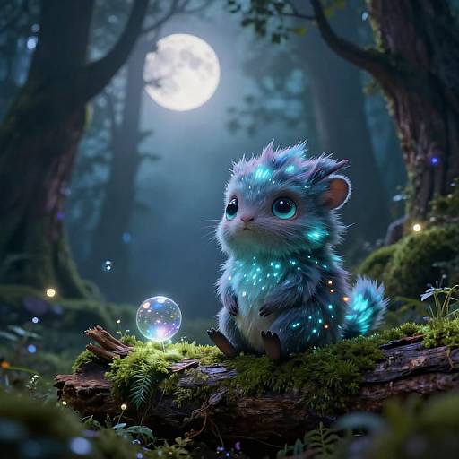 Digital fantasy artwork of a glowing, blue-eyed, fluffy creature with bioluminescent fur sitting on mossy forest floor under a moonlit night.