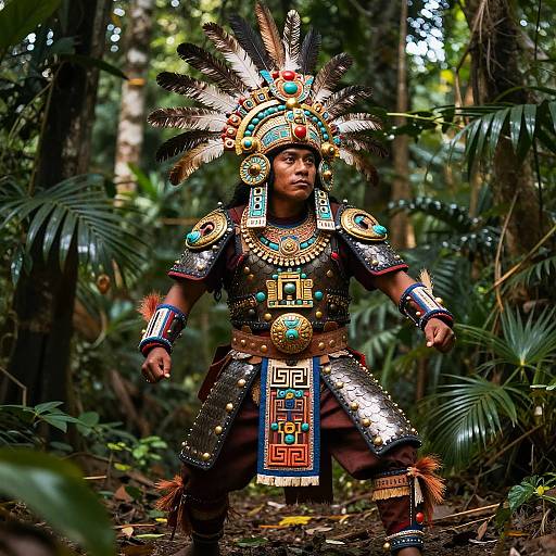 Photograph of a Native American man in elaborate traditional jungle forest attire, featuring intricate metallic armor, colorful beadwork, and a large feathered headdress