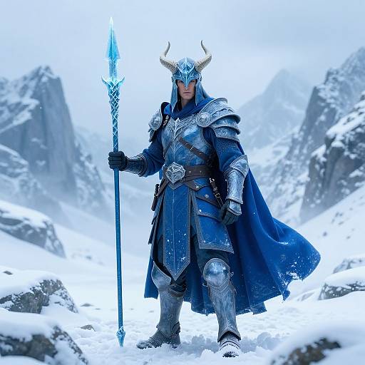 Photorealistic image of a silver-armored, horned knight with a blue cape, holding a crystal spear, standing in a snowy mountain landscape.