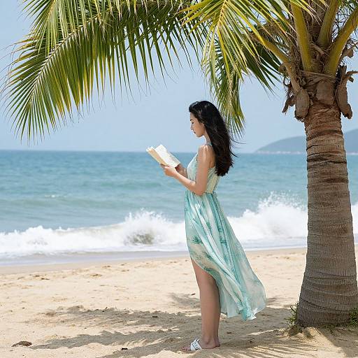 Photograph of a woman with long black hair in a flowing turquoise dress, reading a book under a palm tree on a sunny beach with gentle waves.