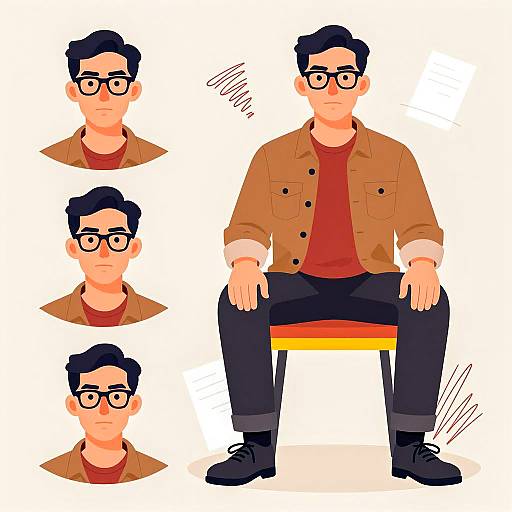 Illustration of a Serious Man with Glasses Sitting