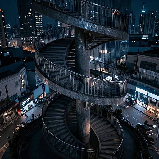 Nighttime photograph of a spiral metal staircase in an urban setting, surrounded by brightly lit buildings and bustling streets.