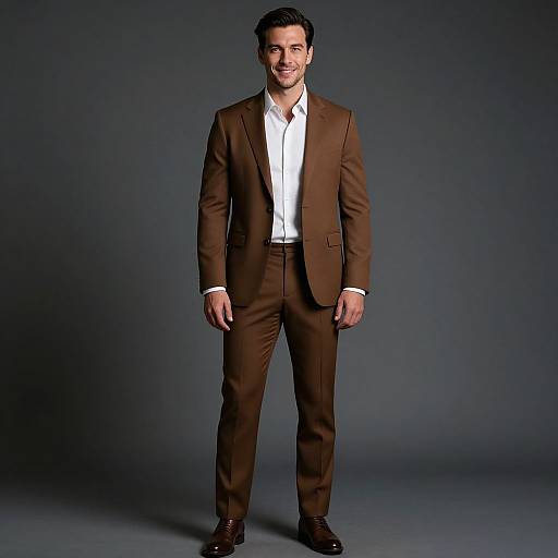 Photograph of a smiling man in a brown suit, white shirt, and brown shoes, standing against a dark gray studio background.