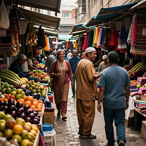 Photograph of a vibrant outdoor market with diverse vendors in traditional and modern clothing, colorful fruits and vegetables, and hanging textiles in a narrow, shaded alley