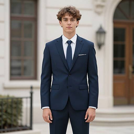 Photograph of a young, curly-haired man in a dark navy suit, white shirt, and black tie, standing in front of a white, classic