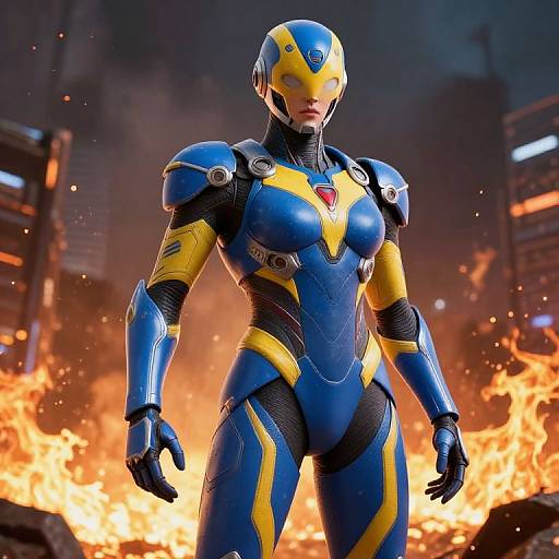 Futuristic Cyborg Amid Fiery Cityscape