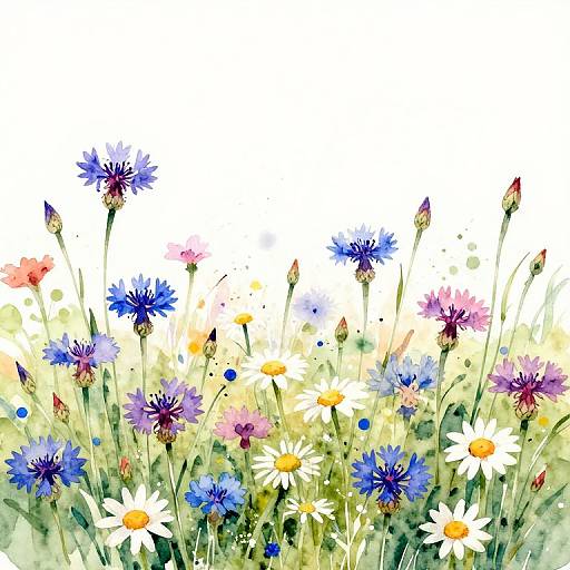 Watercolor painting of a vibrant field with blue, purple, pink, and white flowers, including daisies and cosmos, against a white background.