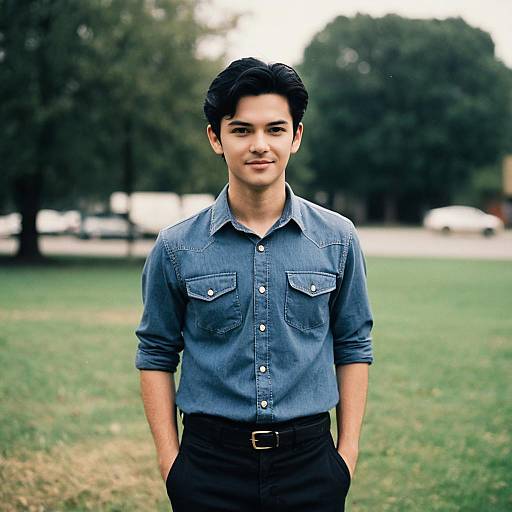 Young Man in Denim Shirt Standing Outdoors