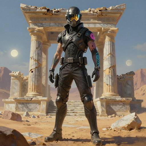Cyberpunk Assassin in a Ruined Temple