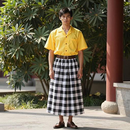 Man Wearing Yellow Shirt and Checkered Skirt Outdoors