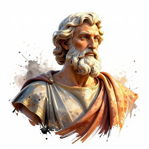 Digital painting of an elderly, white-haired, bearded man with a serious expression, wearing a draped, ornate ancient Roman garment, with vibrant,