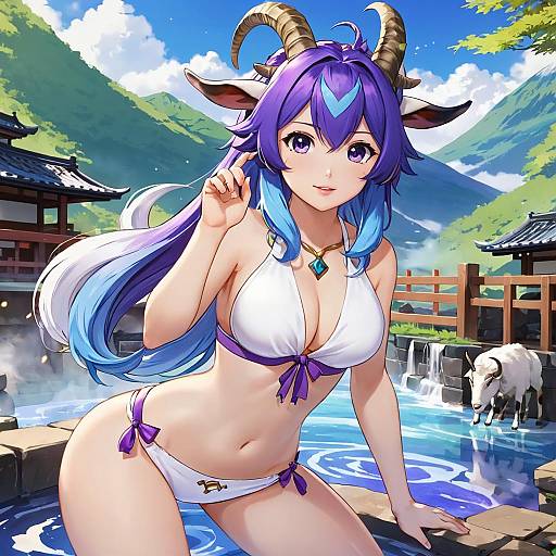 Anime-style digital illustration of a blue-haired, horned girl in a white bikini with purple accents, standing by a hot spring in a mountain village,