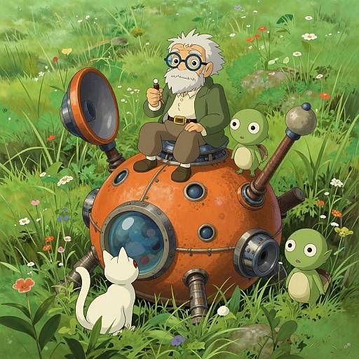 Digital anime-style illustration of an elderly bearded man with glasses, sitting on a red robot sphere, surrounded by green creatures and a white cat in a