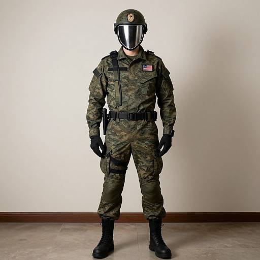 Photograph of a male soldier in full camouflage uniform, black gloves, helmet with reflective visor, American flag patch, and black boots, standing against