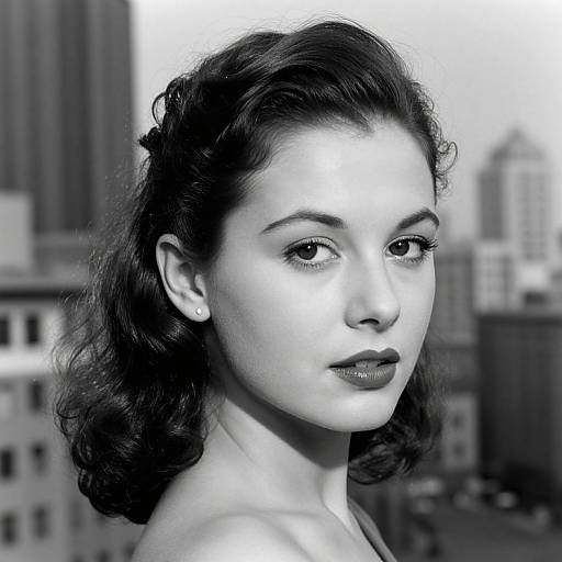 Black-and-white photograph of a 1940s-style woman with wavy dark hair, pearl earring, and subtle lipstick, set against a blurred
