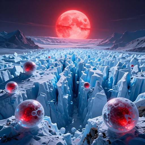 Photorealistic CGI: Ice planet with glowing red orbs, under a vivid red sun, mountains in the background, icy textures, and a surreal,