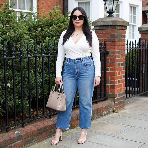 Photograph of a stylish woman with long black hair, wearing a white blouse, blue high-waisted jeans, black sunglasses, beige handbag,
