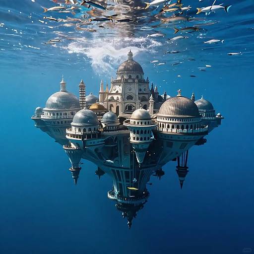 Underwater digital art of a floating, domed, cathedral-like structure with multiple domes, reflecting on the blue, sunlit ocean surface.