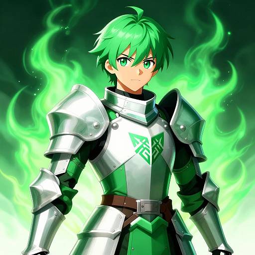 Anime-style digital drawing of a green-haired, green-eyed young man in silver armor with glowing green flames in the background.
