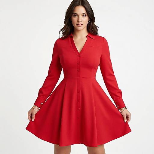 Photograph of a confident woman with long black hair, wearing a vibrant red, long-sleeve, button-up dress with a flared skirt,
