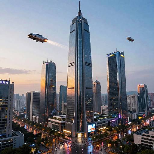 Photograph of a futuristic cityscape at dusk, featuring towering skyscrapers and three flying saucers against a blue-orange sunset sky.