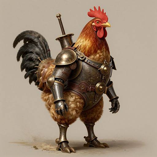 Digital illustration of a brown-feathered rooster wearing medieval-style, shiny, metallic armor with a sword on its back, standing on a plain gray