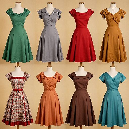 Photograph of eight vintage 1950s-style dresses on mannequins in various colors: green, blue, red, brown, floral,