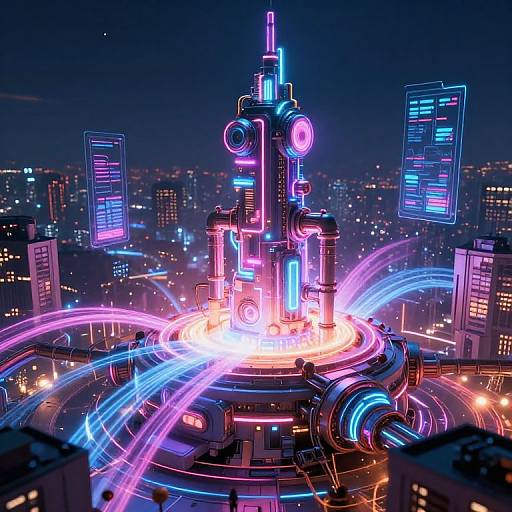 Neon-lit futuristic cityscape photograph featuring a towering, glowing skyscraper with vibrant pink, blue, and purple lights, surrounded by swirling light trails