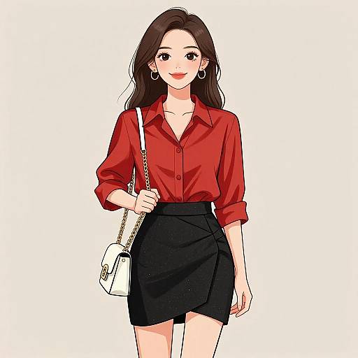 Chic Woman in Red Silk Blouse