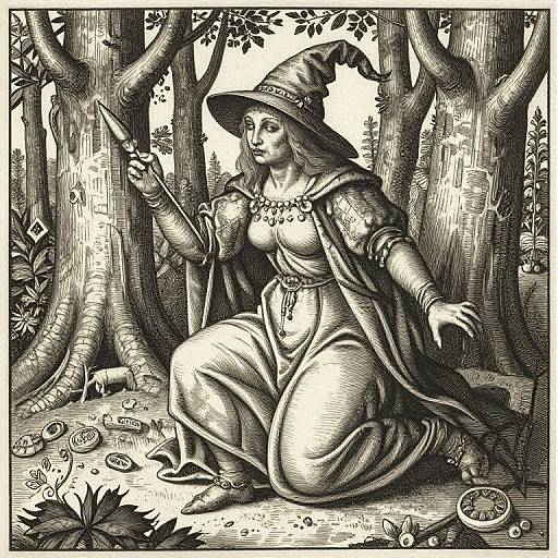 Black and white woodcut-style illustration of a witch with a pointed hat, kneeling in a forest, holding a wand, surrounded by mushrooms and trees.