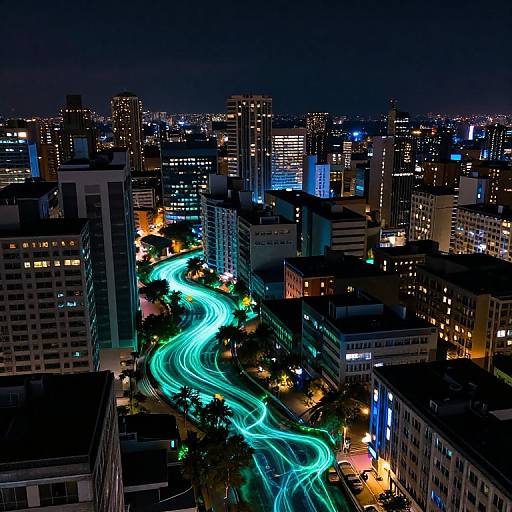 Aerial photograph of a nighttime cityscape with brightly lit, winding neon blue lights on a busy road, surrounded by illuminated skyscrapers and dense urban