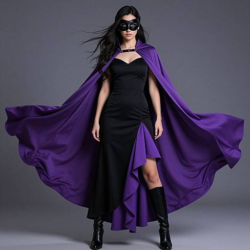 Photograph of a woman in a black mask, black dress with thigh-high slit, and purple cape, standing confidently against a gray background, wearing black