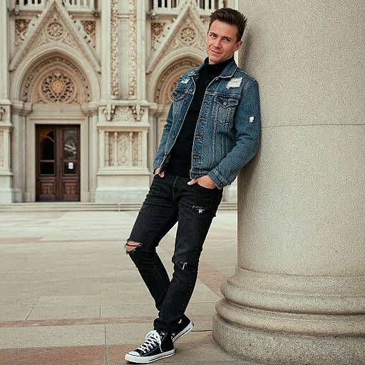 Photograph of a young man with short brown hair, leaning against a stone column, wearing a distressed denim jacket, black ripped jeans, and black sneakers