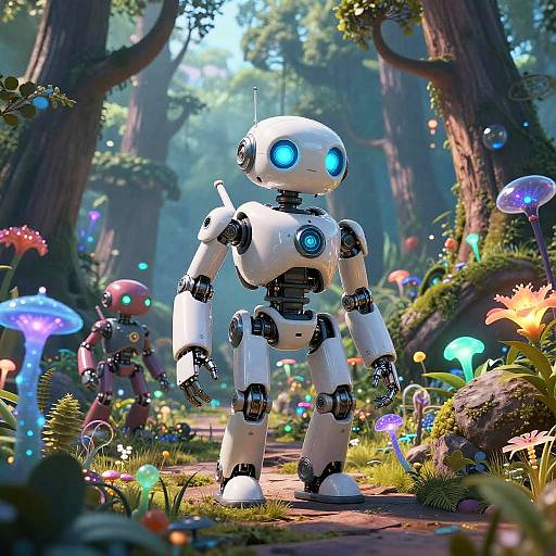 CGI image of a glowing blue-eyed white robot standing in a vibrant, whimsical forest with colorful mushrooms and lush greenery.