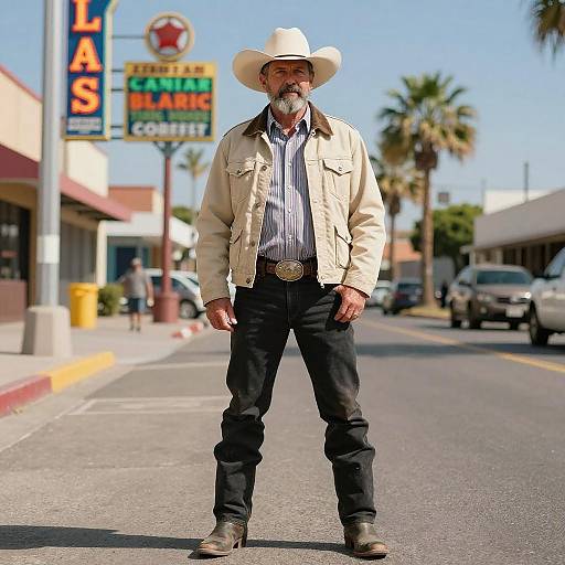 Photograph of a middle-aged white man with a beard, wearing a white cowboy hat, beige jacket, and black pants, standing on a sunny street