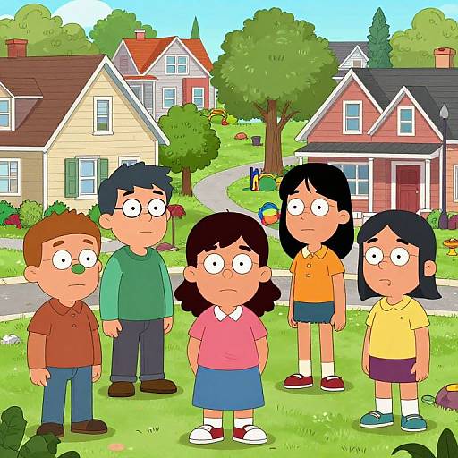 Cartoon image of five wide-eyed children standing in a suburban neighborhood with colorful houses, trees, and a clear blue sky.