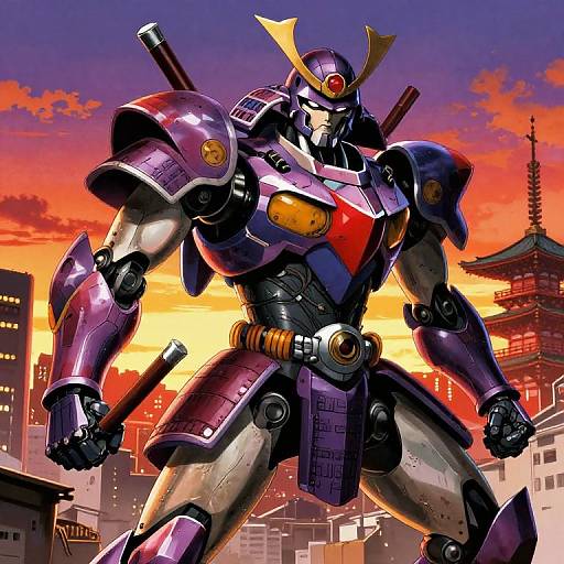 Gritty 1980s Humanoid Mecha Samurai in Tokyo Sunset