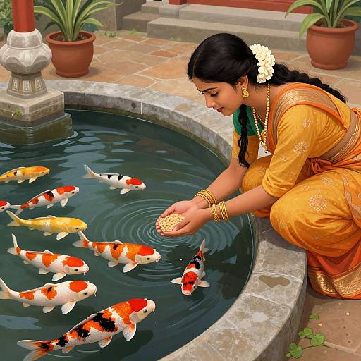 Indian woman in orange saree feeding colorful koi fish in a circular stone pond, adorned with gold jewelry and a white flower.